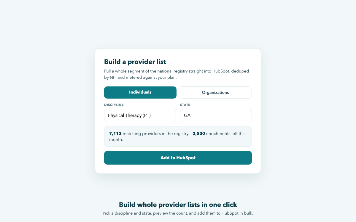 Building a provider list by discipline and state to add in bulk